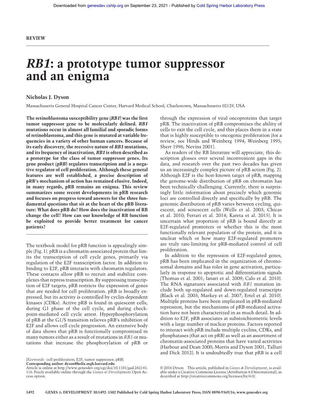 RB1: a Prototype Tumor Suppressor and an Enigma