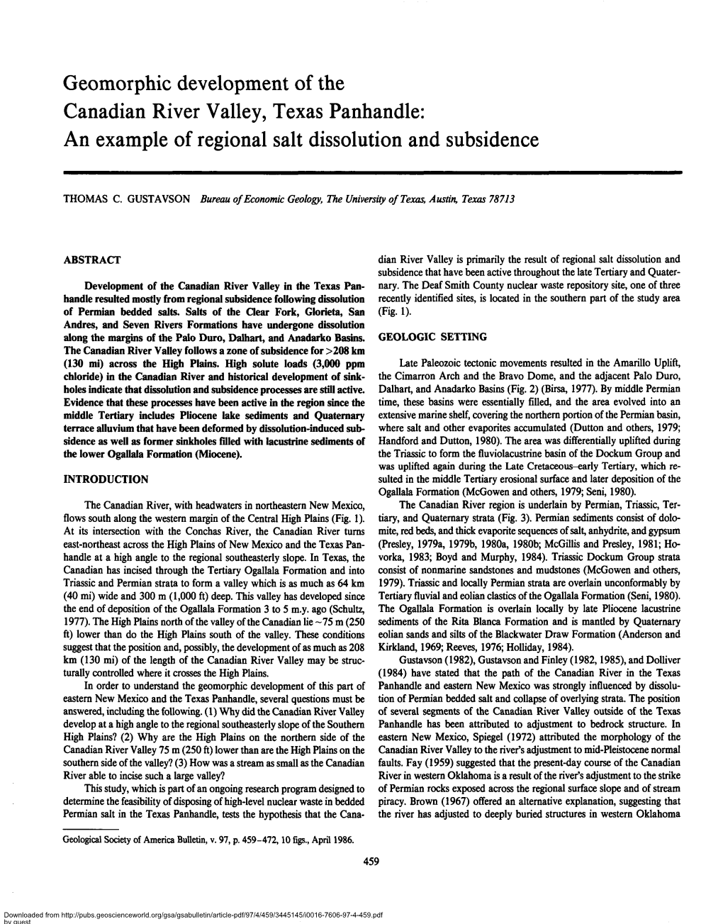 Geomorphic Development of the Canadian River Valley, Texas Panhandle: an Example of Regional Salt Dissolution and Subsidence