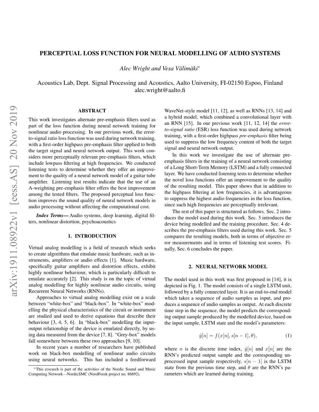 Perceptual Loss Function for Neural Modelling of Audio Systems