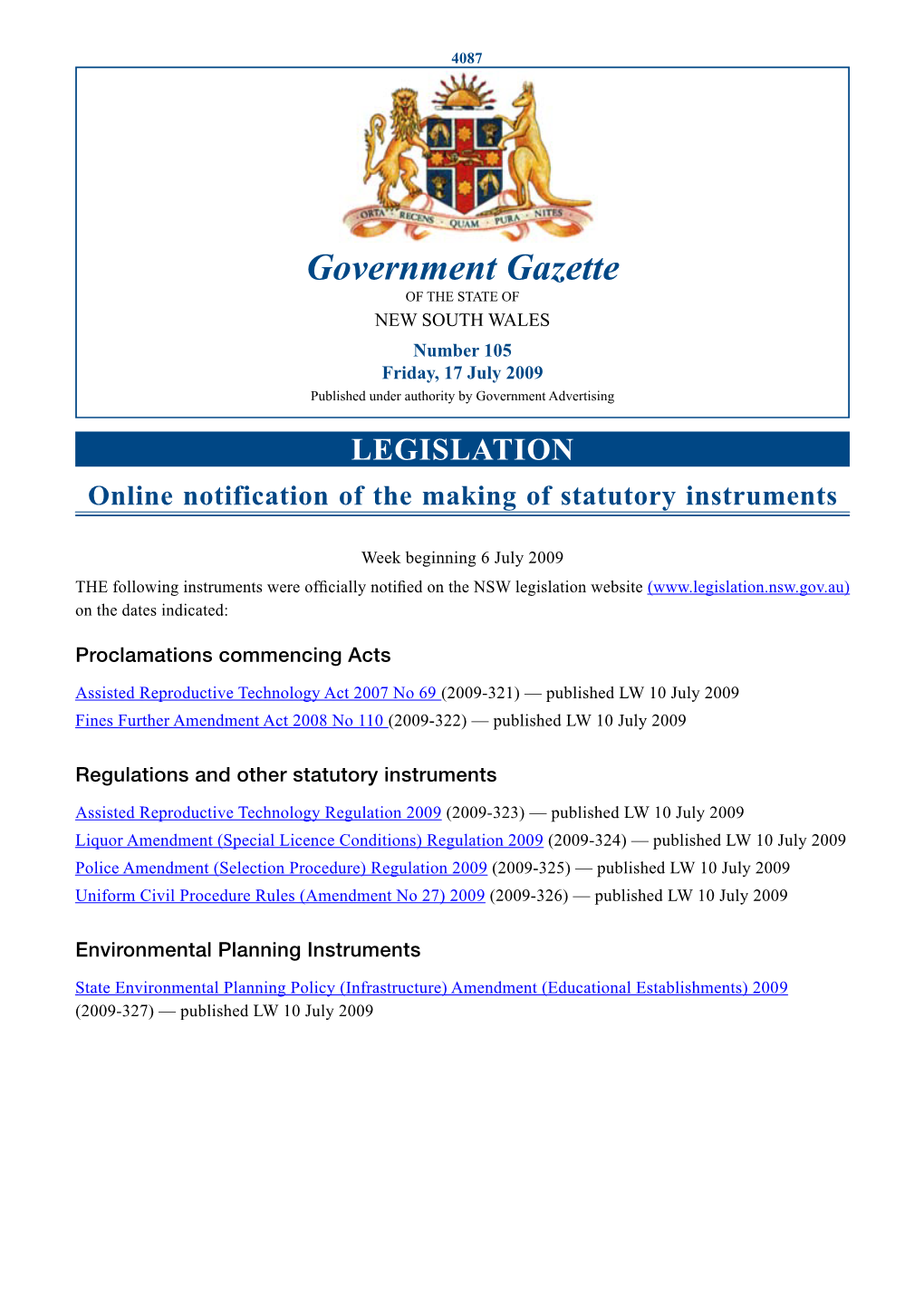 Government Gazette of the STATE of NEW SOUTH WALES Number 105 Friday, 17 July 2009 Published Under Authority by Government Advertising