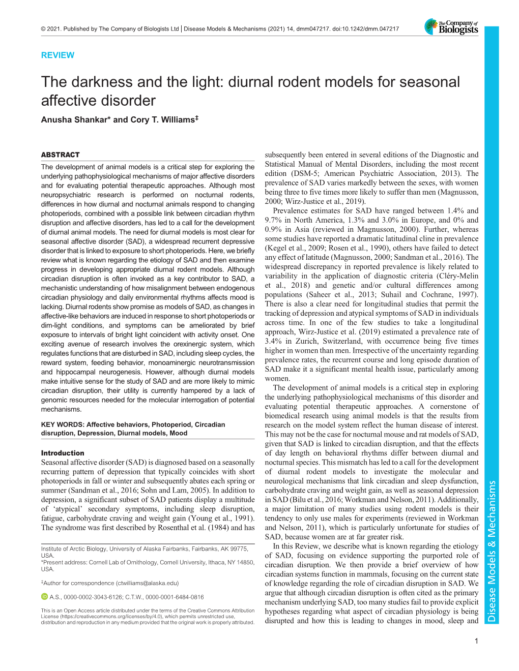 Diurnal Rodent Models for Seasonal Affective Disorder Anusha Shankar* and Cory T