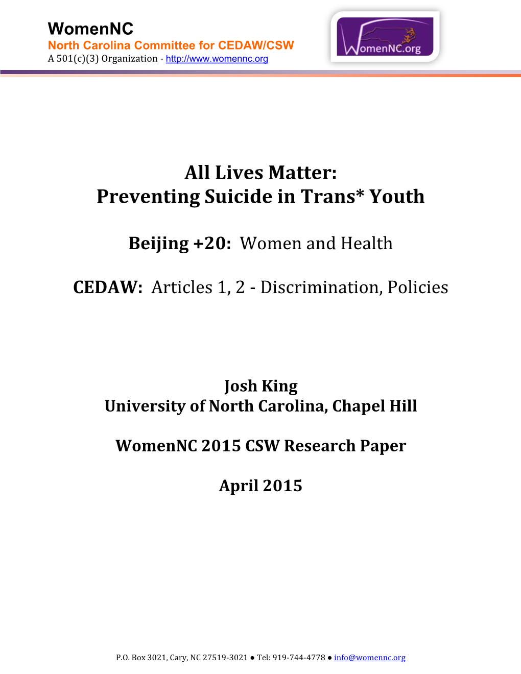 Lives Matter: Preventing Suicide in Trans* Youth