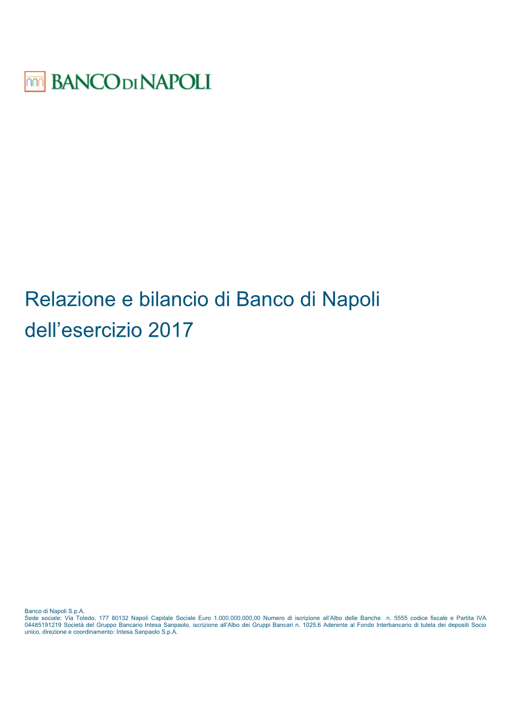 Relazione E Bilancio Di Banco Di Napoli Dell'esercizio 2017