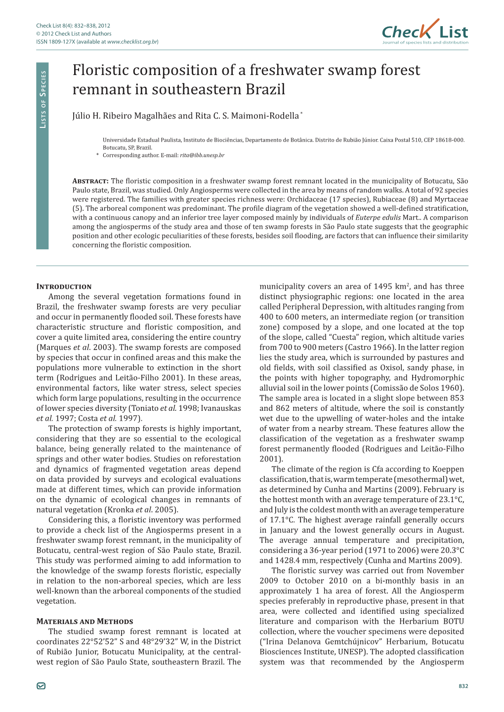 Chec List ISSN 1809-127X (Available at Journal of Species Lists and Distribution Pecies