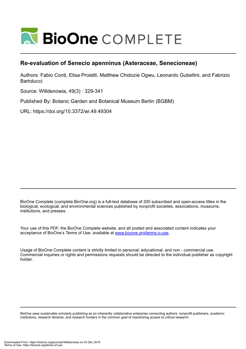 Re-Evaluation of Senecio Apenninus (Asteraceae, Senecioneae)