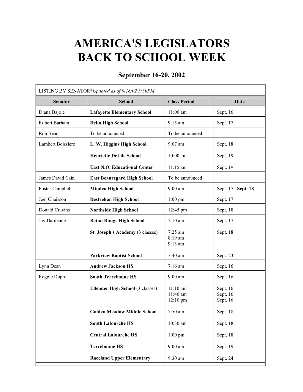 America's Legislators Back to School Week