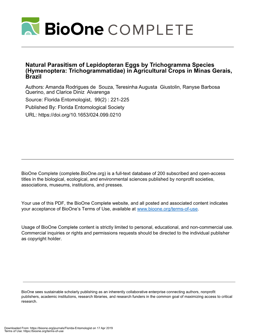 Natural Parasitism of Lepidopteran Eggs by Trichogramma Species (Hymenoptera: Trichogrammatidae) in Agricultural Crops in Minas Gerais, Brazil