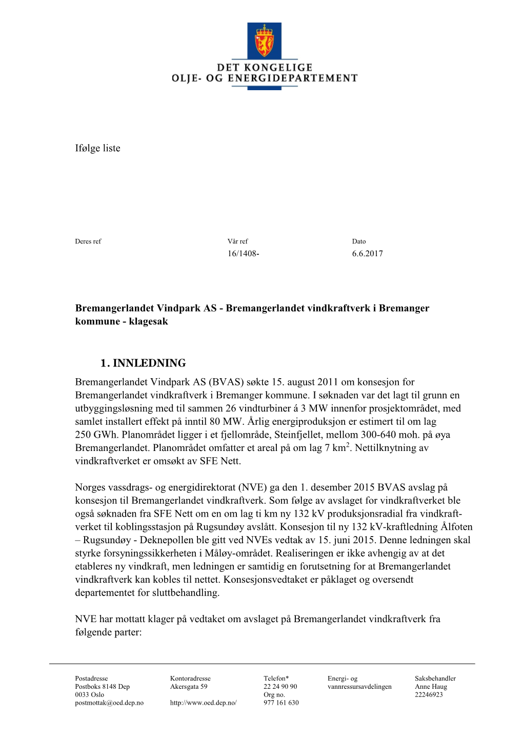 Bremangerlandet Vindpark AS - Bremangerlandet Vindkraftverk I Bremanger Kommune - Klagesak