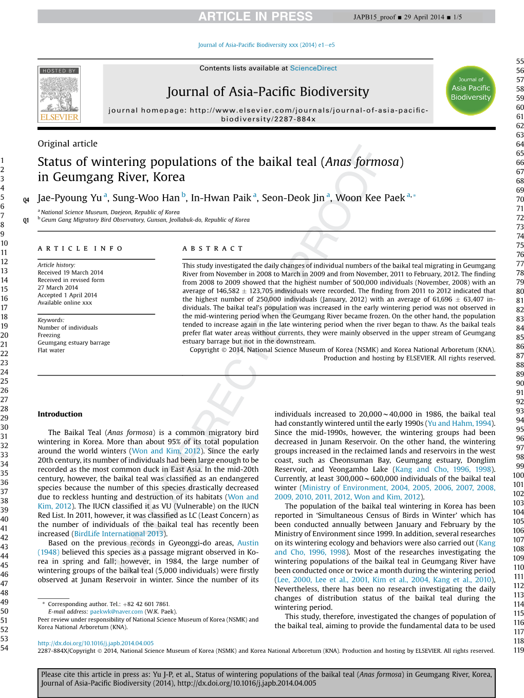 Status of Wintering Populations of the Baikal Teal