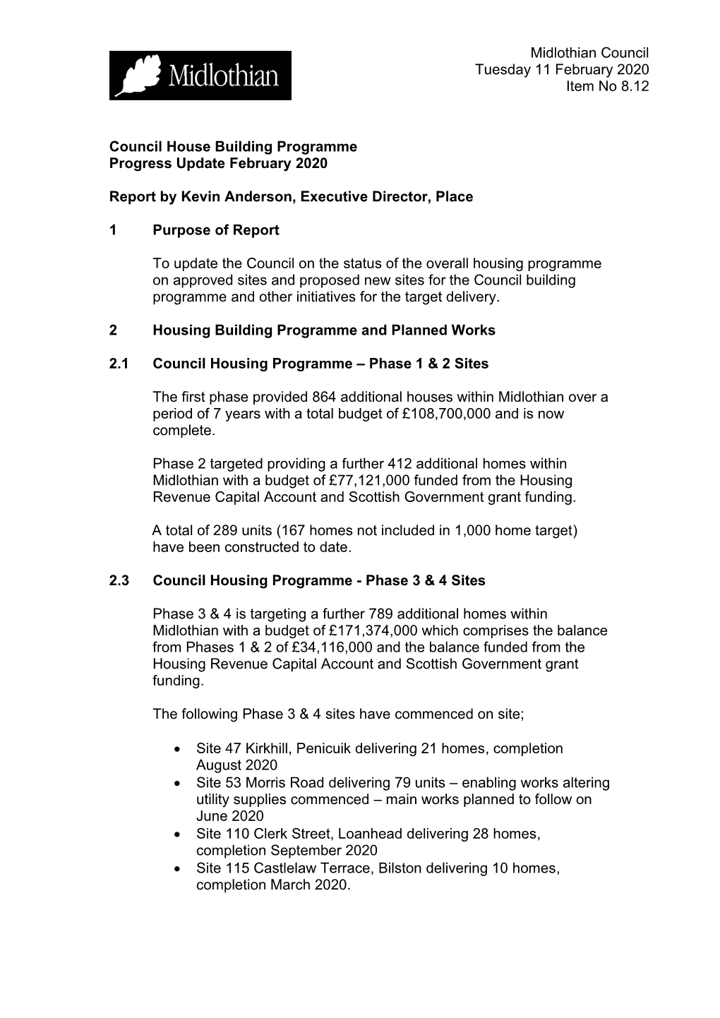 Midlothian Council Tuesday 11 February 2020 Item No 8.12