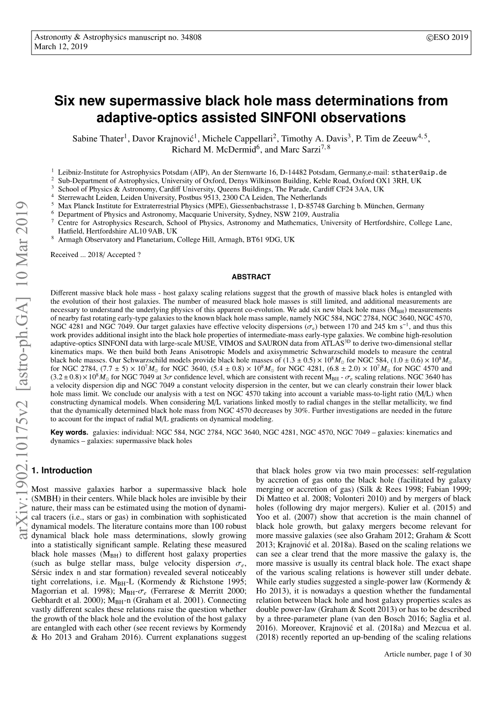 Six New Supermassive Black Hole Mass Determinations from Adaptive