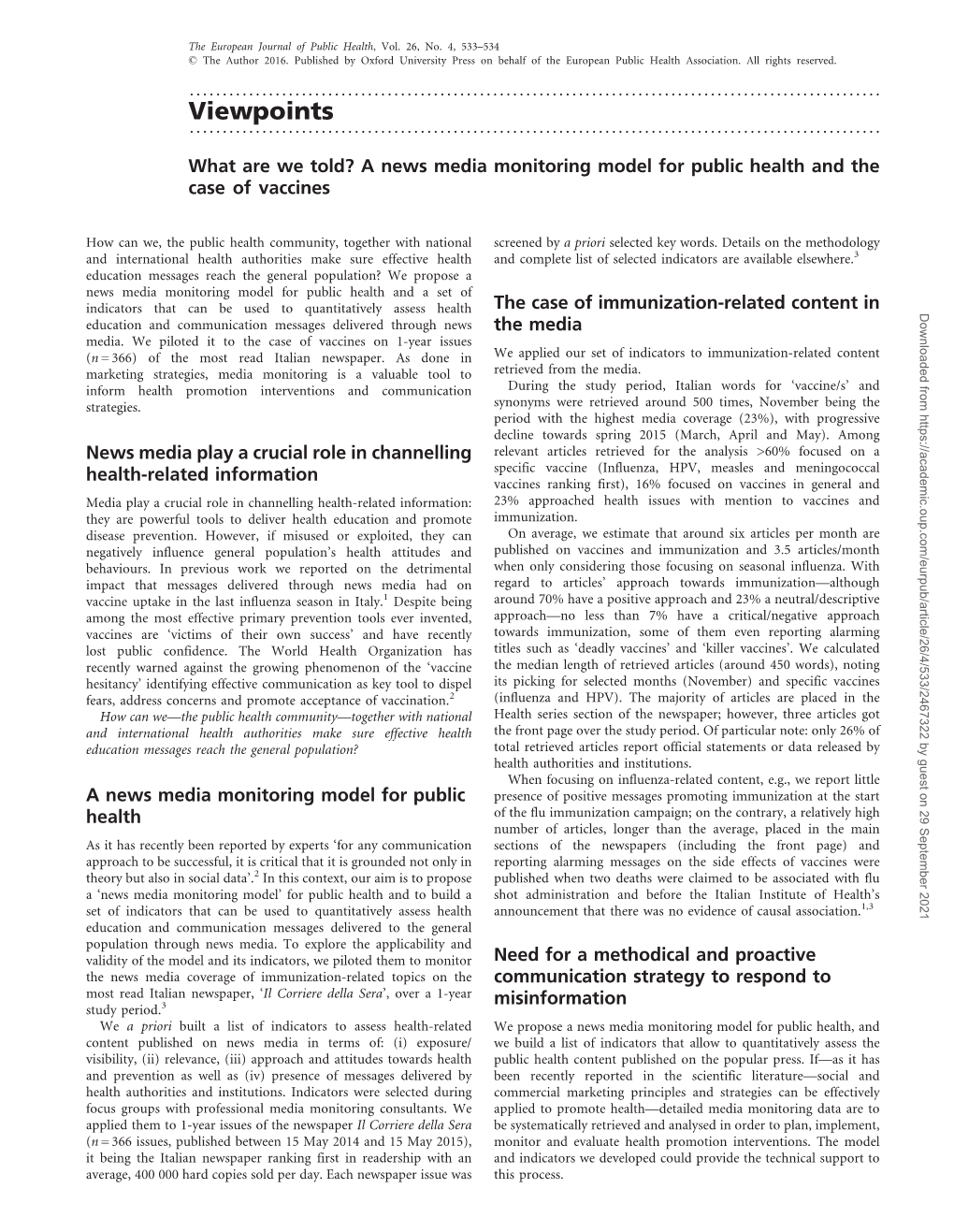 A News Media Monitoring Model for Public Health and the Case of Vaccines