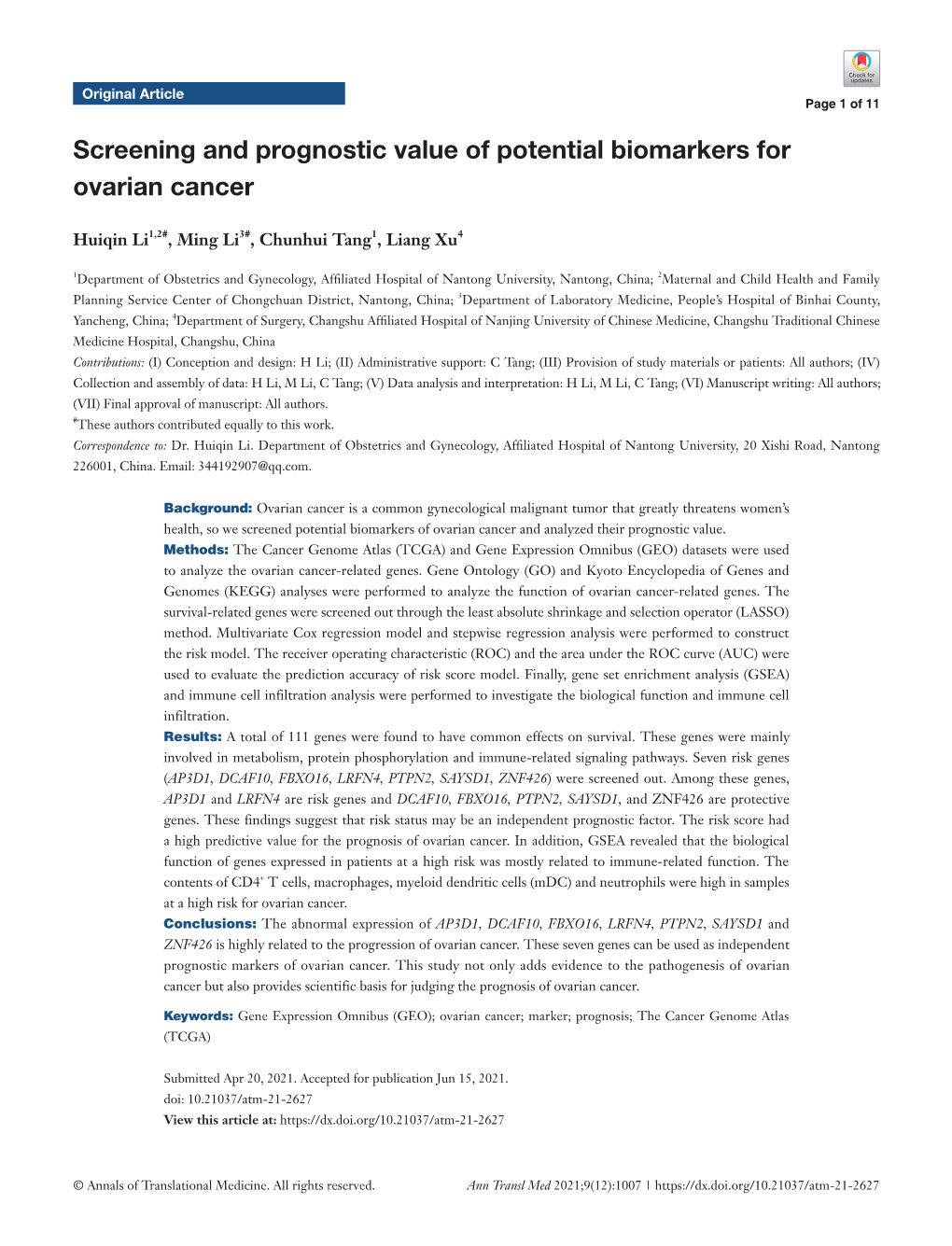 Screening and Prognostic Value of Potential Biomarkers for Ovarian Cancer