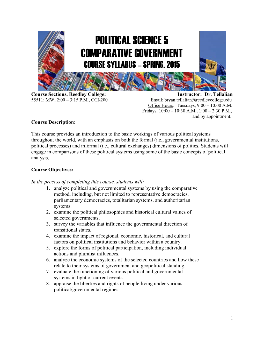 Political Science 5 Comparative Government Course Syllabus – Spring, 2015