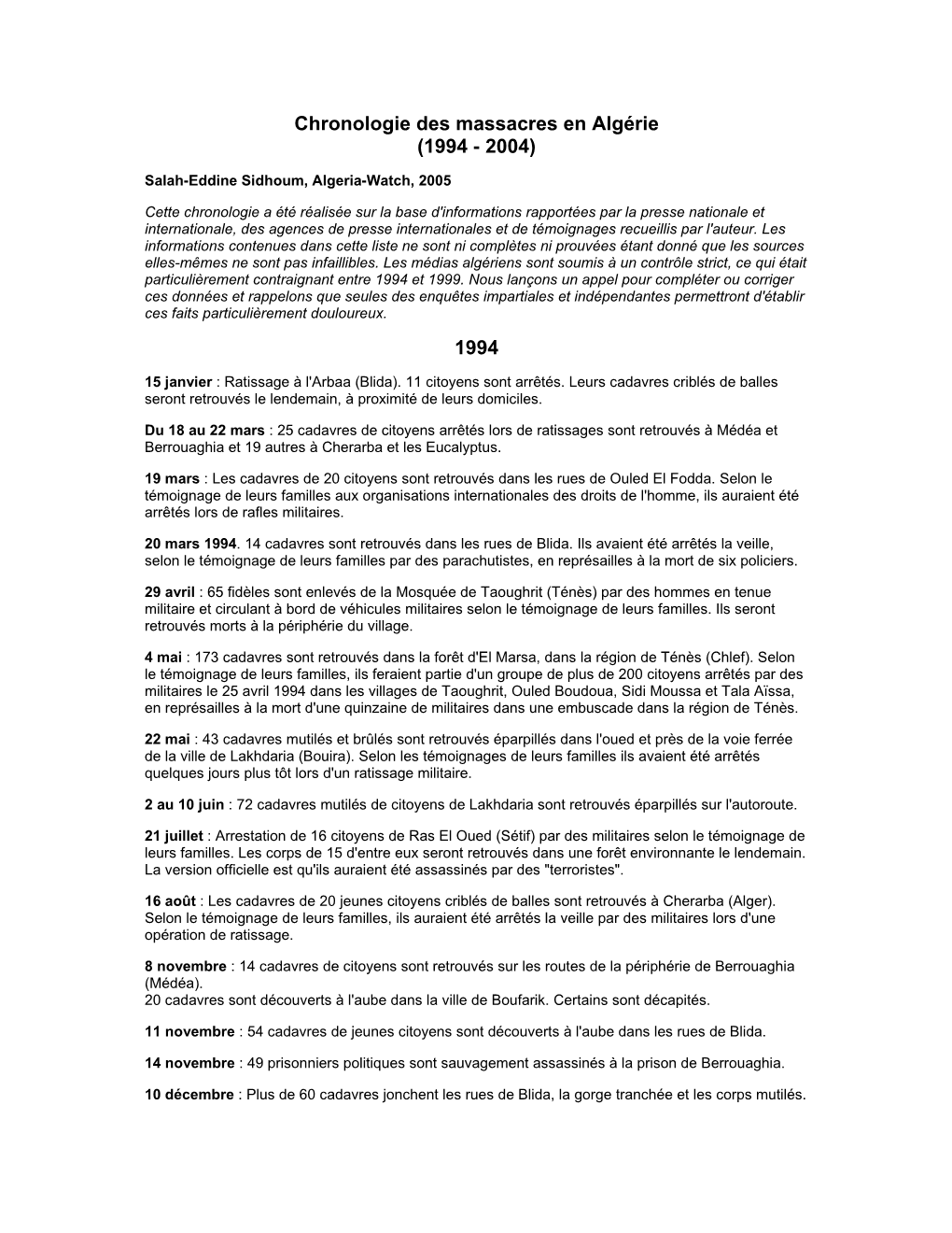 Chronologie Des Massacres En Algérie (1994 - 2004)