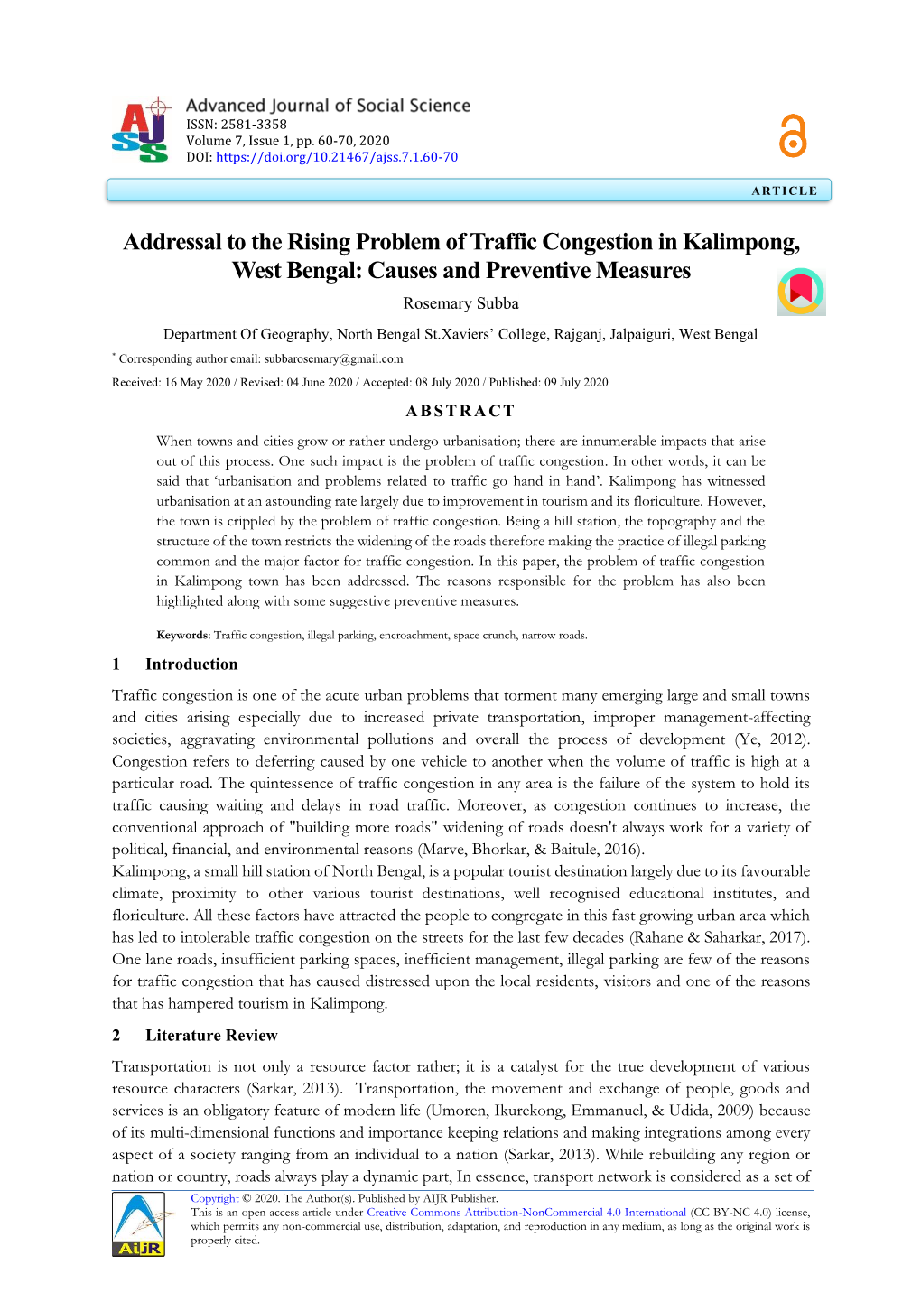 Addressal to the Rising Problem of Traffic Congestion in Kalimpong