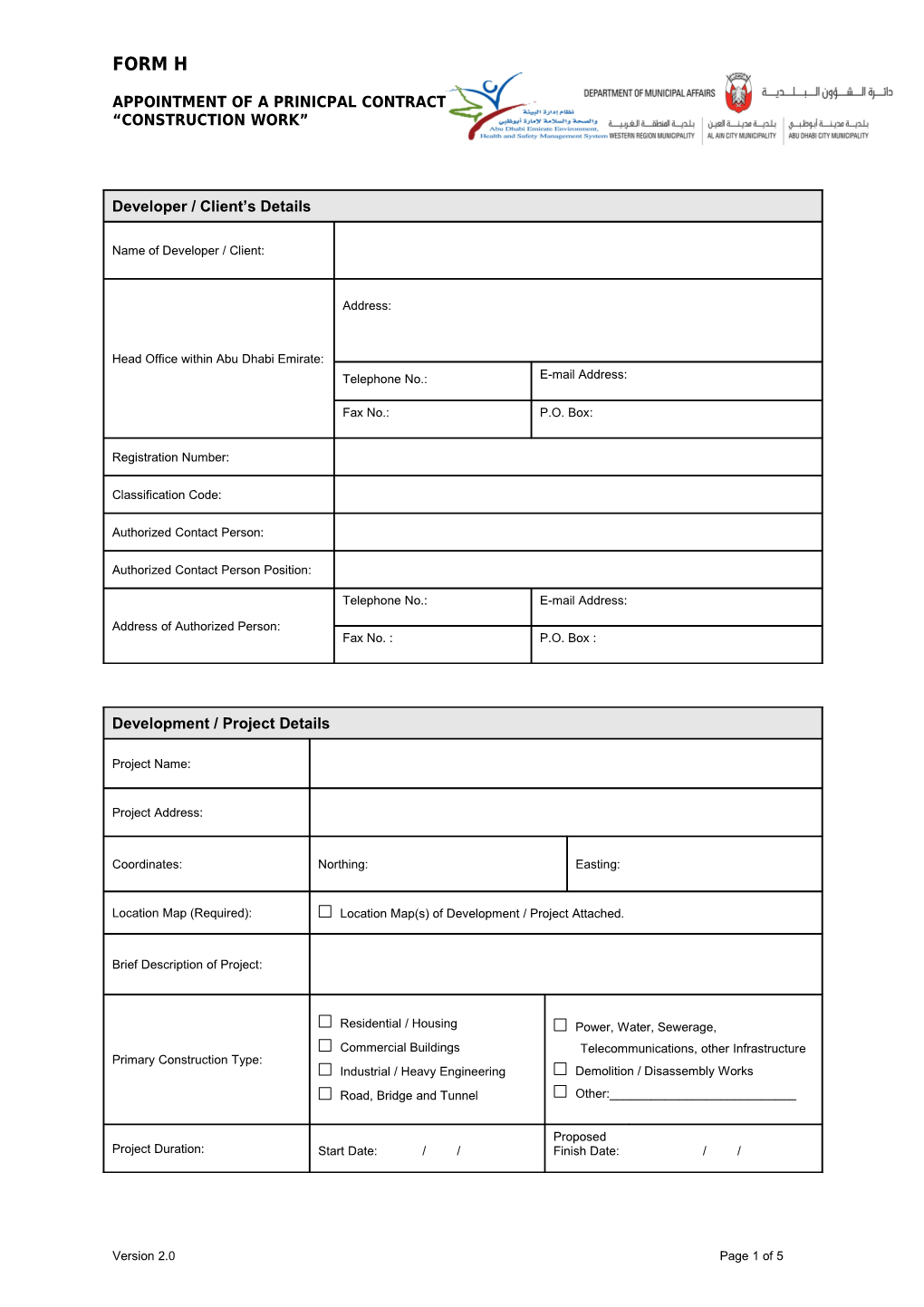 Notice of Appointment of a Principal Contractor - Form H