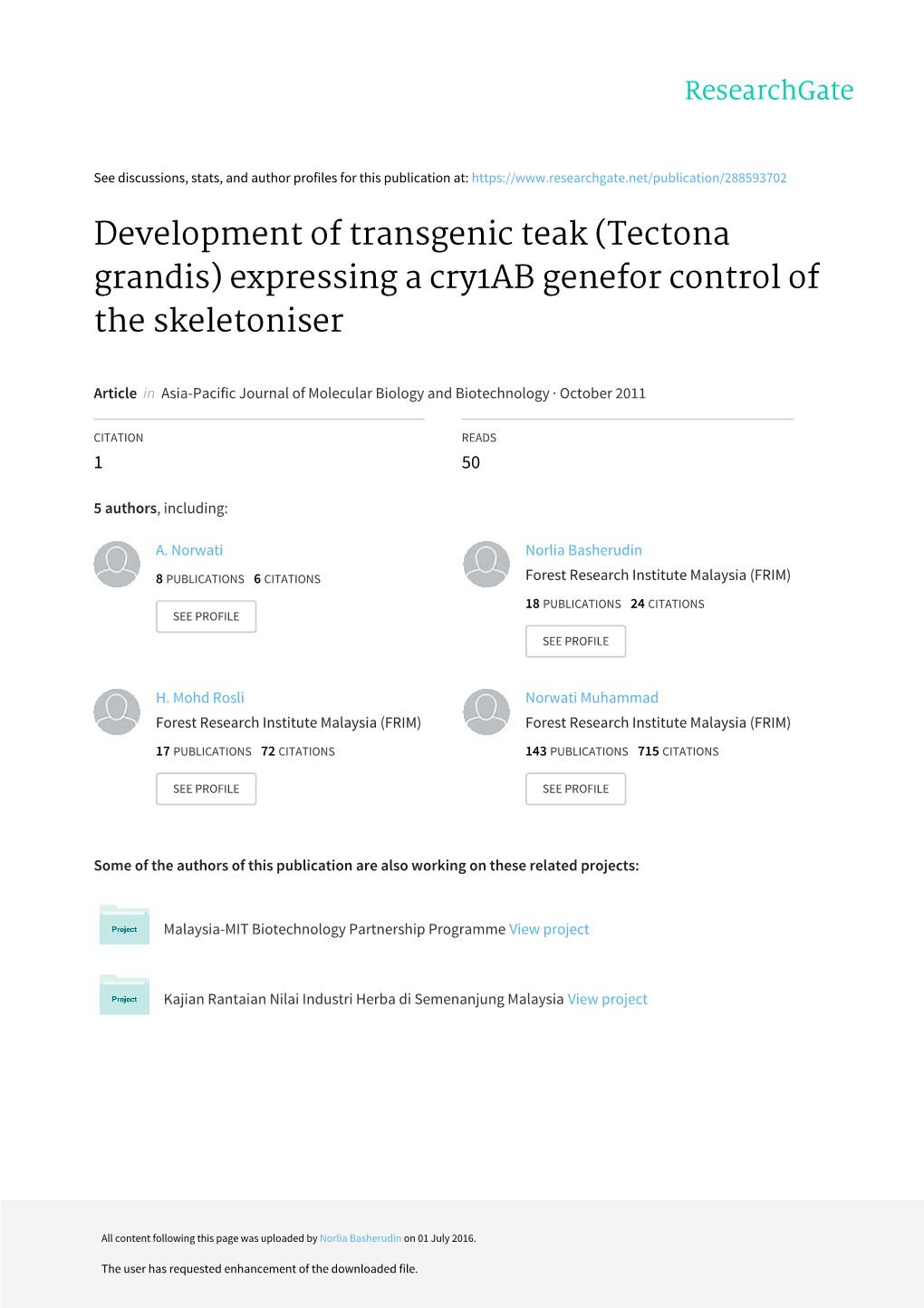 (Tectona Grandis) Expressing a Cry1ab Genefor Control of the Skeletoniser