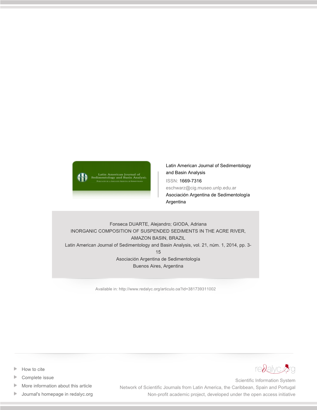 Redalyc.INORGANIC COMPOSITION of SUSPENDED SEDIMENTS IN