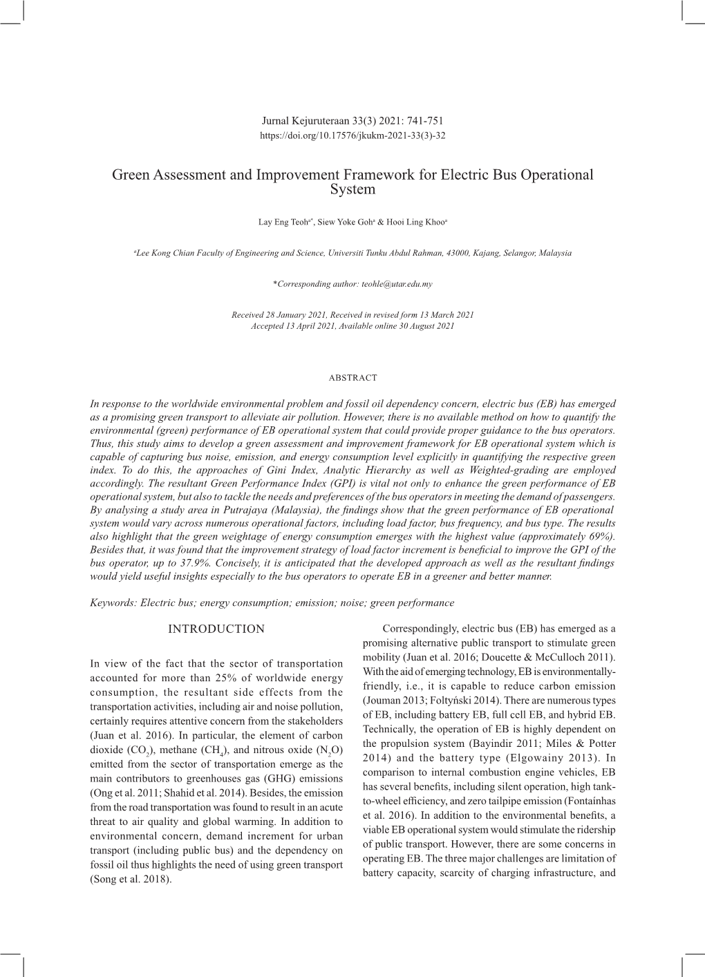 Green Assessment and Improvement Framework for Electric Bus Operational System