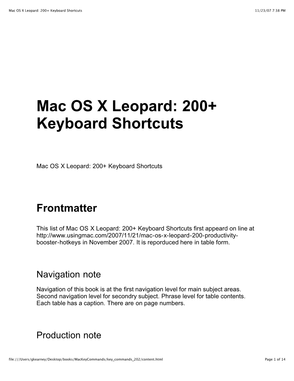 Mac OS X Leopard 200+ Keyboard Shortcuts