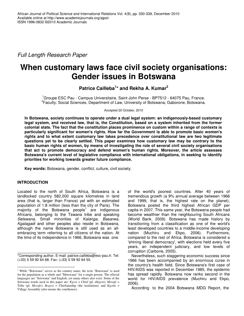 When Customary Laws Face Civil Society Organisations: Gender Issues in Botswana