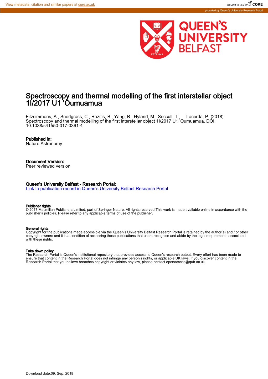 Spectroscopy and Thermal Modelling of the First Interstellar Object 1I/2017 U1 'Oumuamua