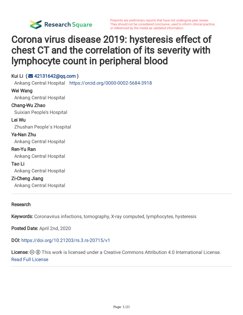 Corona Virus Disease 2019: Hysteresis Effect of Chest CT and the Correlation of Its Severity with Lymphocyte Count in Peripheral Blood