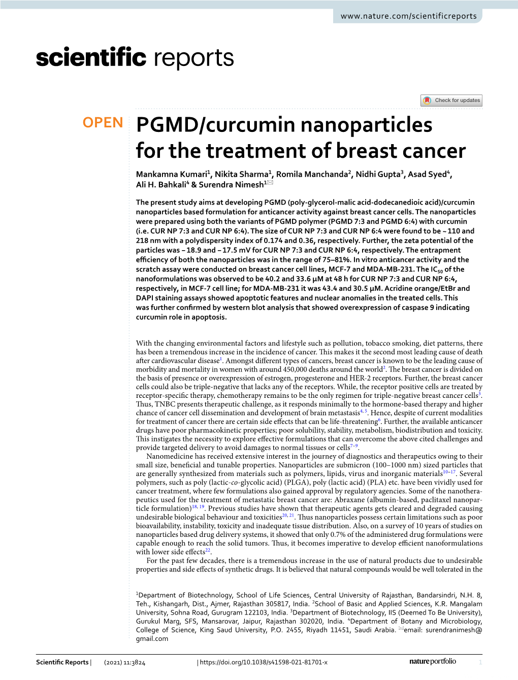 PGMD/Curcumin Nanoparticles for the Treatment of Breast Cancer Mankamna Kumari1, Nikita Sharma1, Romila Manchanda2, Nidhi Gupta3, Asad Syed4, Ali H