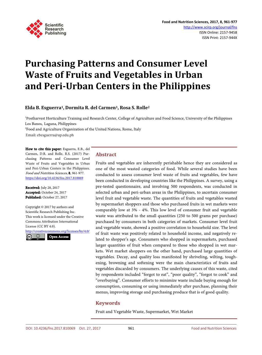 Purchasing Patterns and Consumer Level Waste of Fruits and Vegetables in Urban and Peri-Urban Centers in the Philippines