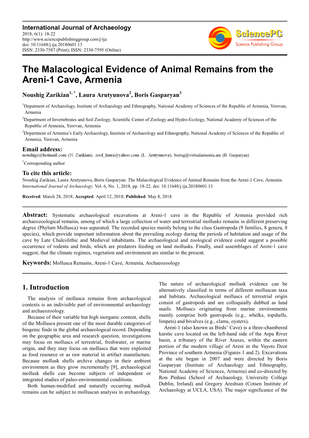 The Malacological Evidence of Animal Remains from the Areni-1 Cave, Armenia
