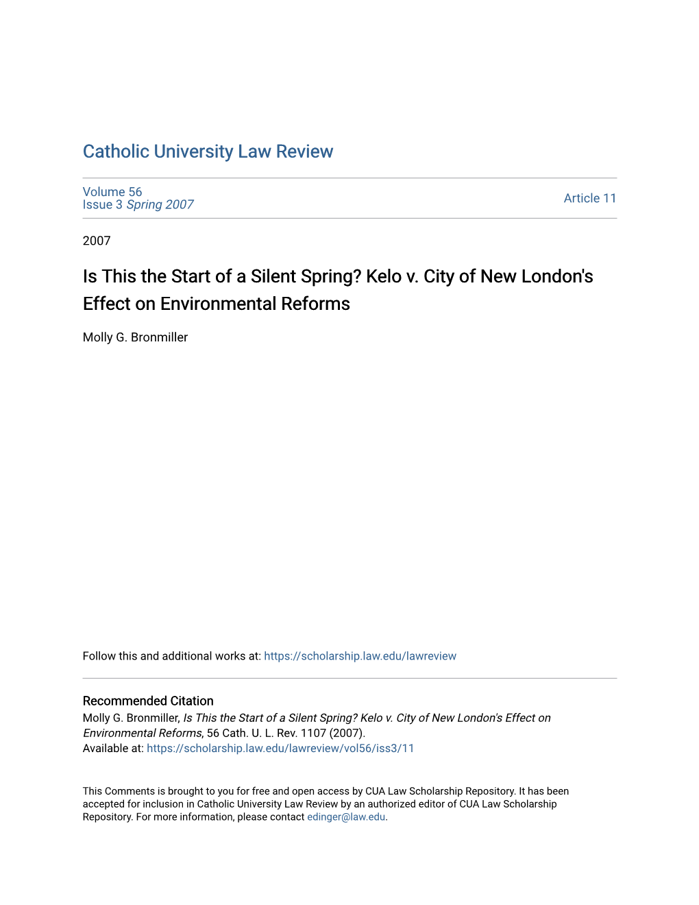 Is This the Start of a Silent Spring? Kelo V. City of New London's Effect on Environmental Reforms