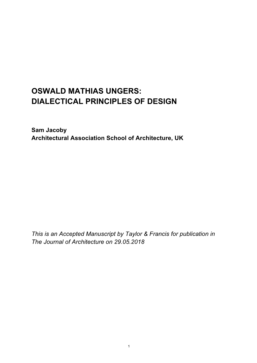 Oswald Mathias Ungers: Dialectical Principles of Design