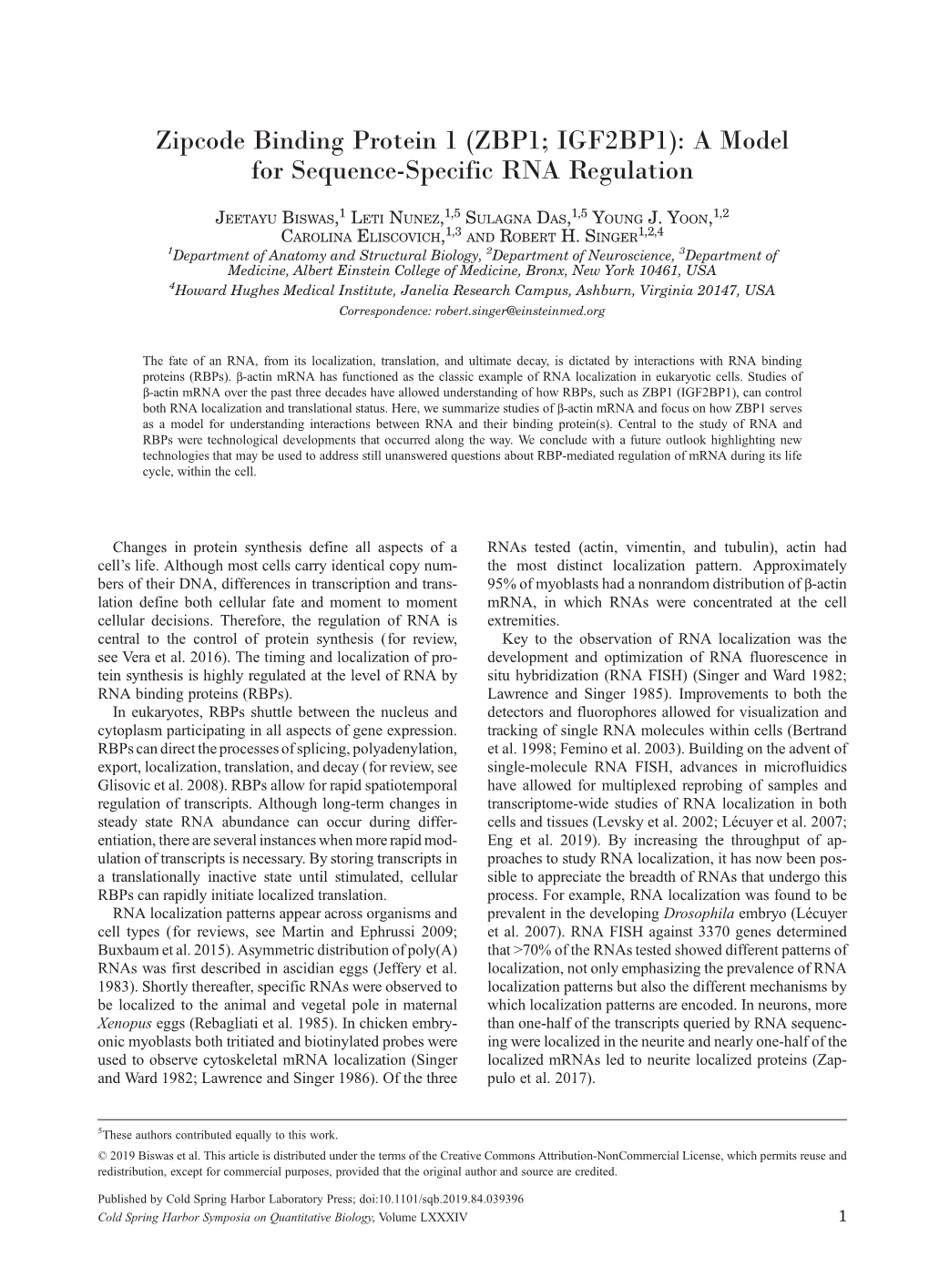 Zipcode Binding Protein 1 (ZBP1; IGF2BP1): a Model for Sequence-Specific RNA Regulation