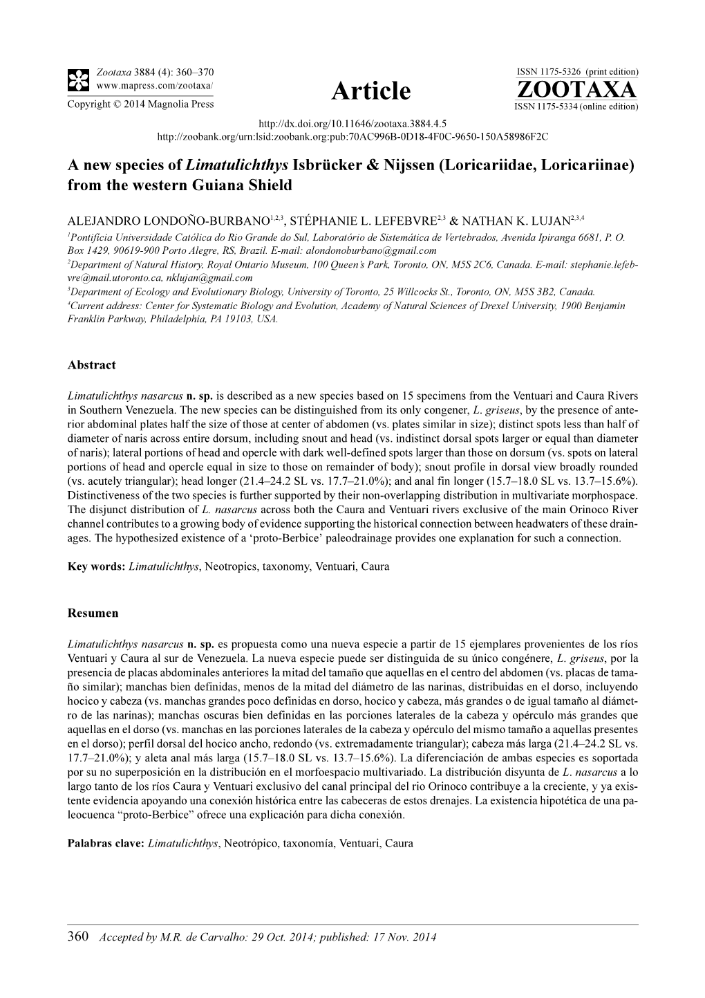 A New Species of Limatulichthys Isbrücker & Nijssen