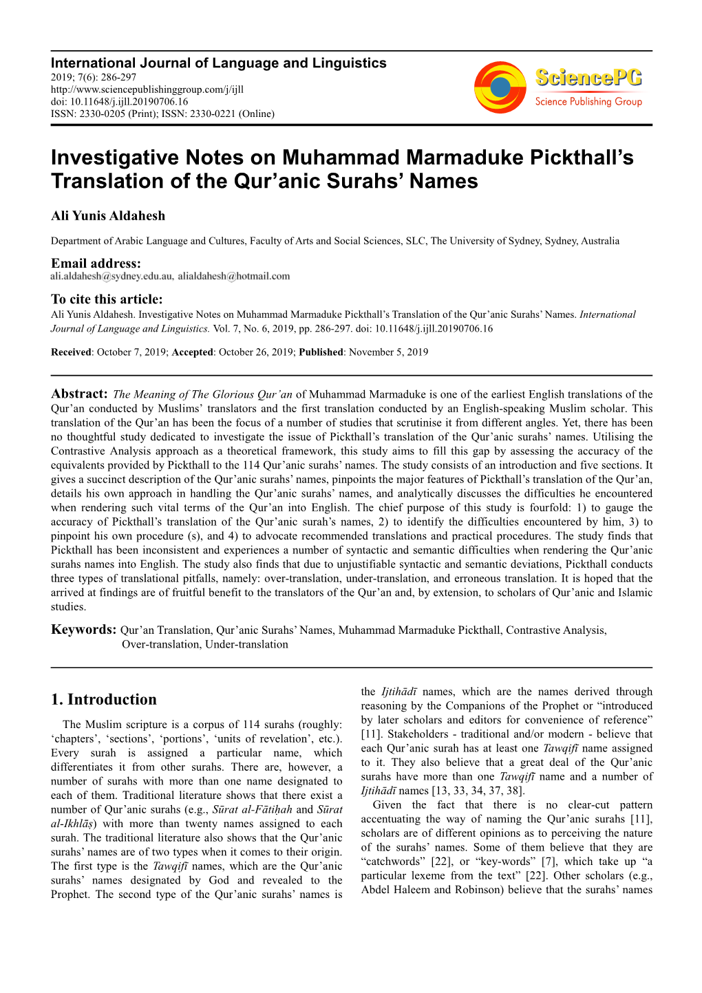 Investigative Notes on Muhammad Marmaduke Pickthall's Translation of the Qur'anic Surahs' Names
