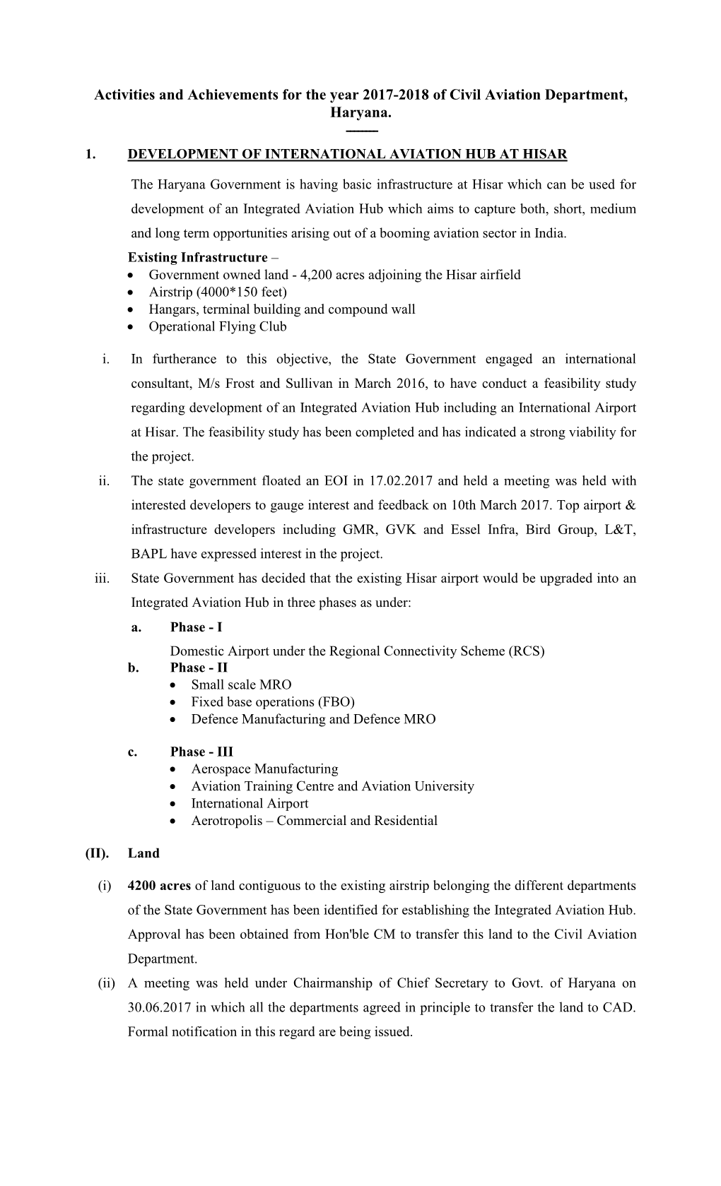 Activities and Achievements for the Year 2017-2018 of Civil Aviation Department, Haryana