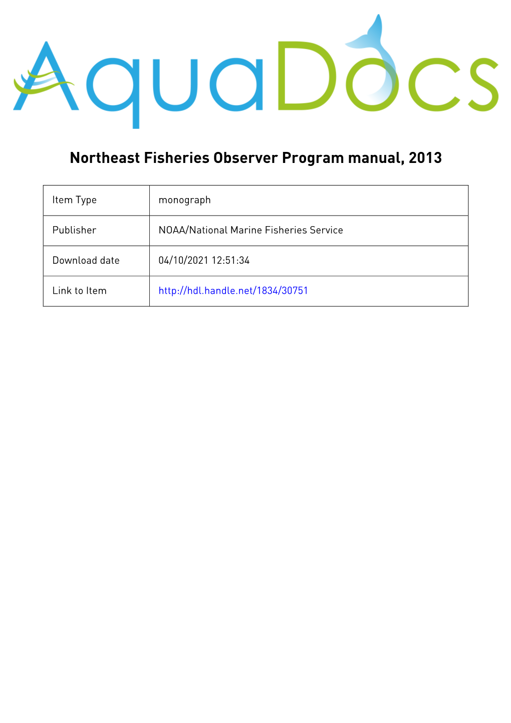 Northeast Fisheries Observer Program Manual, 2013