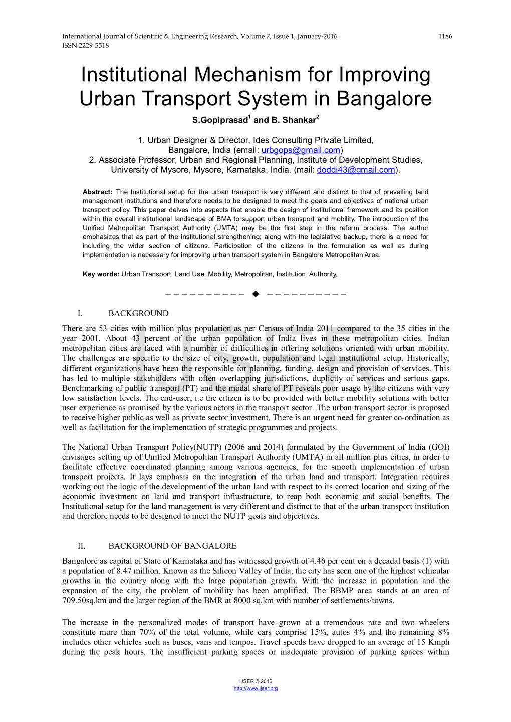 Institutional Mechanism for Improving Urban Transport System in Bangalore S.Gopiprasad1 and B