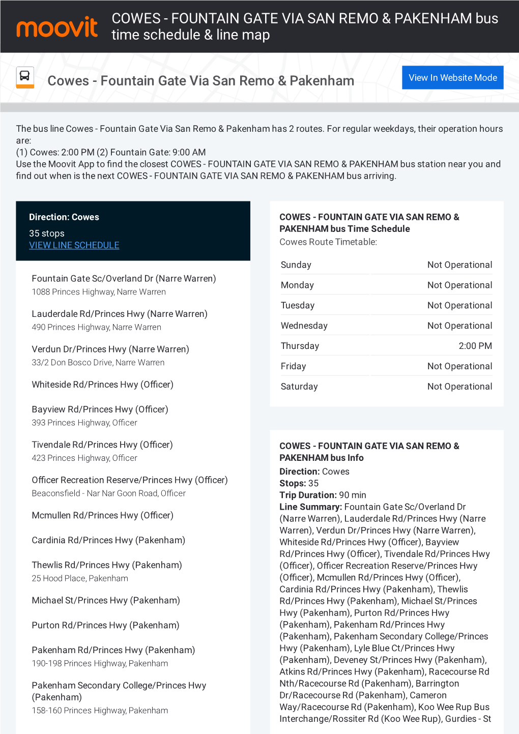 COWES - FOUNTAIN GATE VIA SAN REMO & PAKENHAM Bus Time Schedule & Line Map