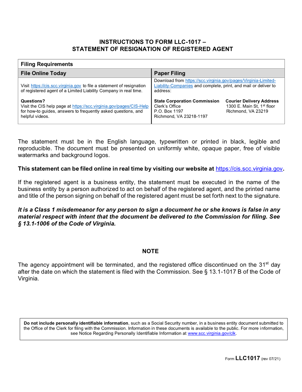 Instructions to Form Llc-1017 – Statement of Resignation of Registered Agent