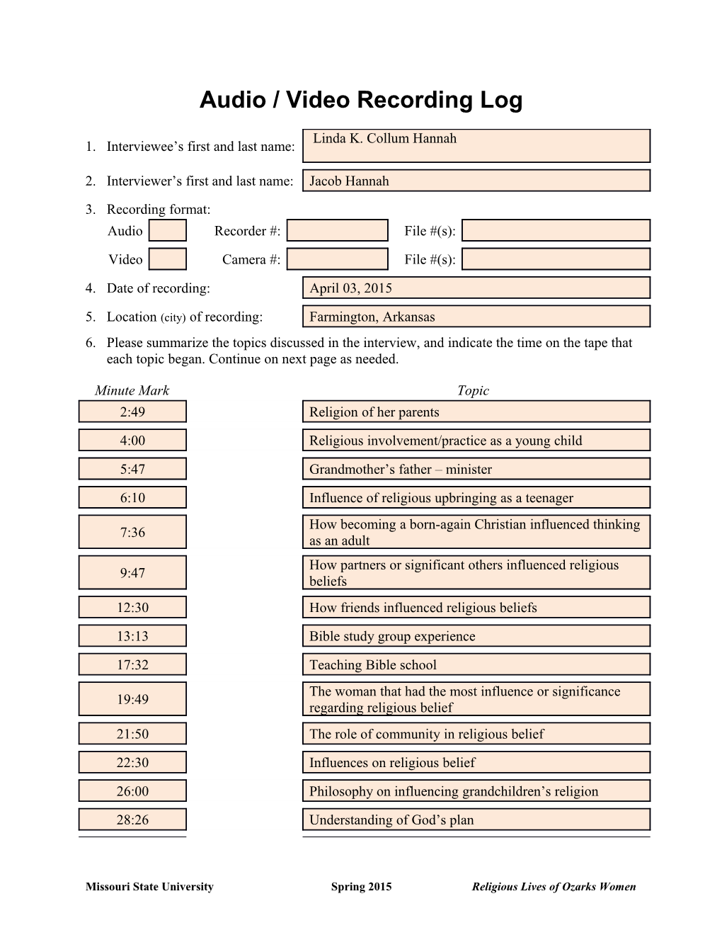 Audio / Video Recording Log s3