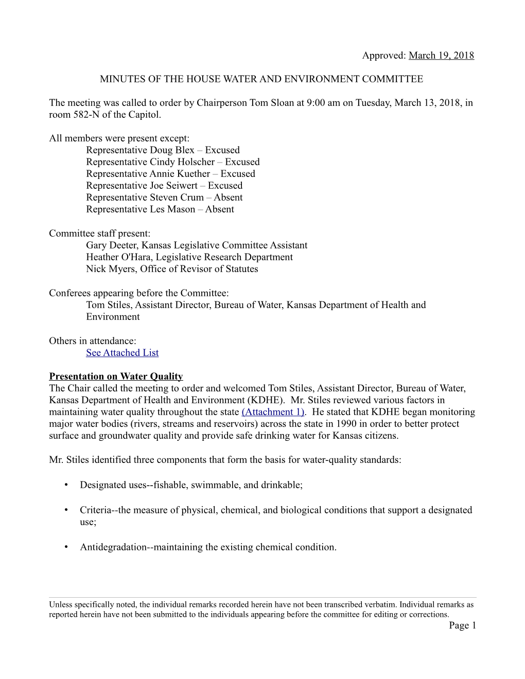 Approved: March 19, 2018 MINUTES of the HOUSE WATER AND