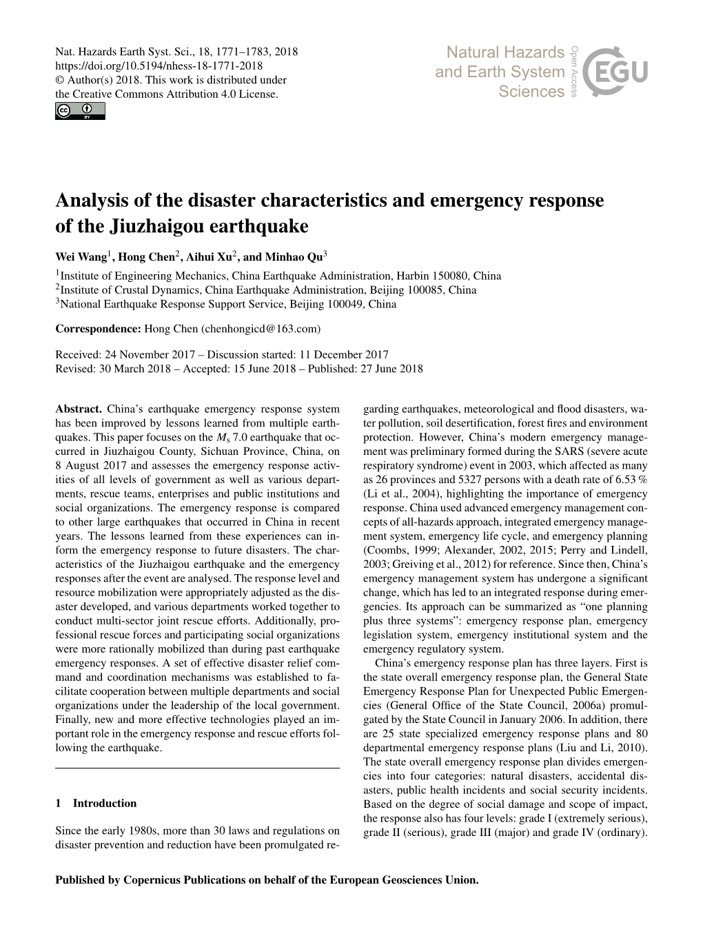 Analysis of the Disaster Characteristics and Emergency Response of the Jiuzhaigou Earthquake