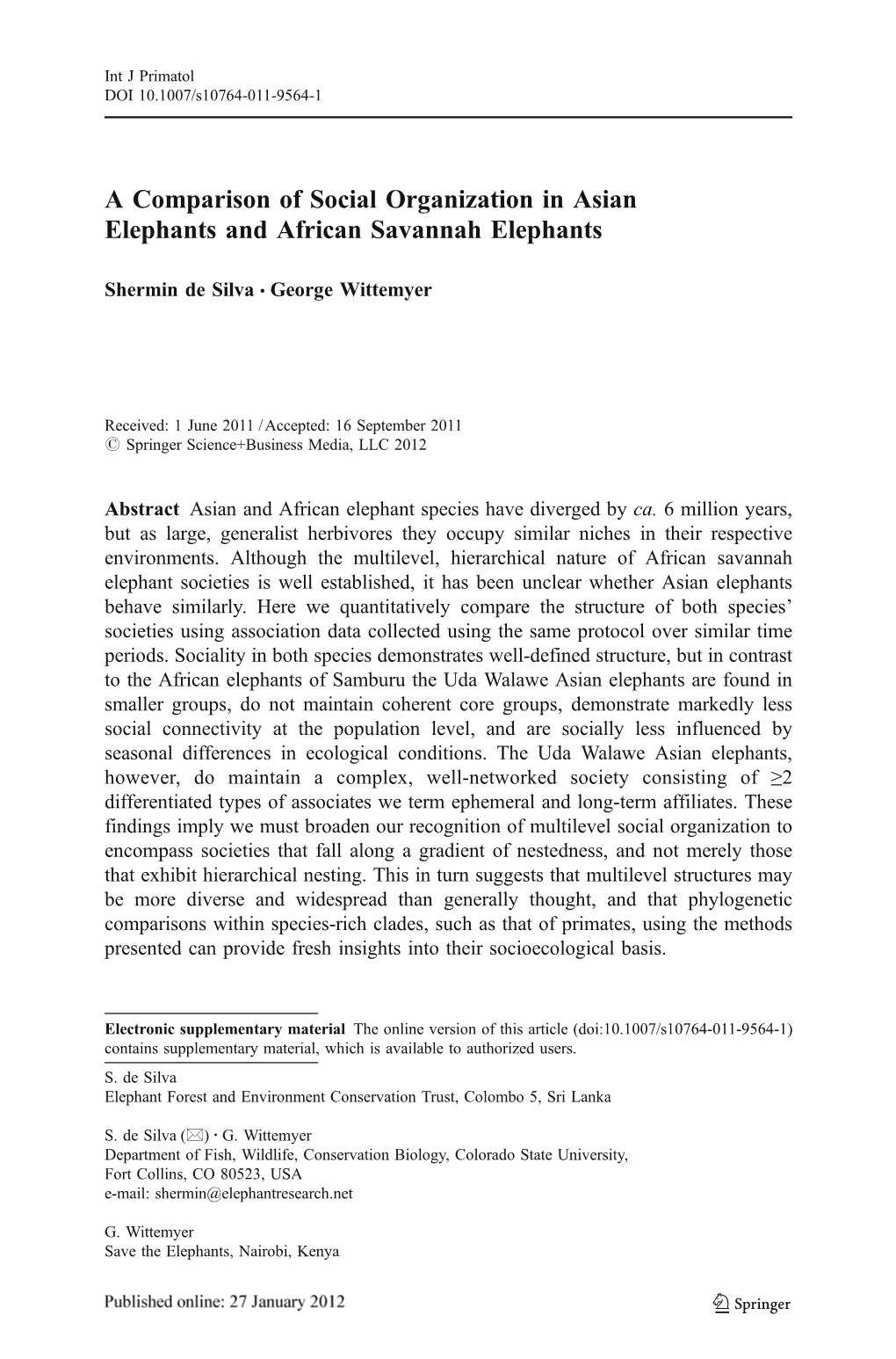 A Comparison of Social Organization in Asian Elephants and African Savannah Elephants