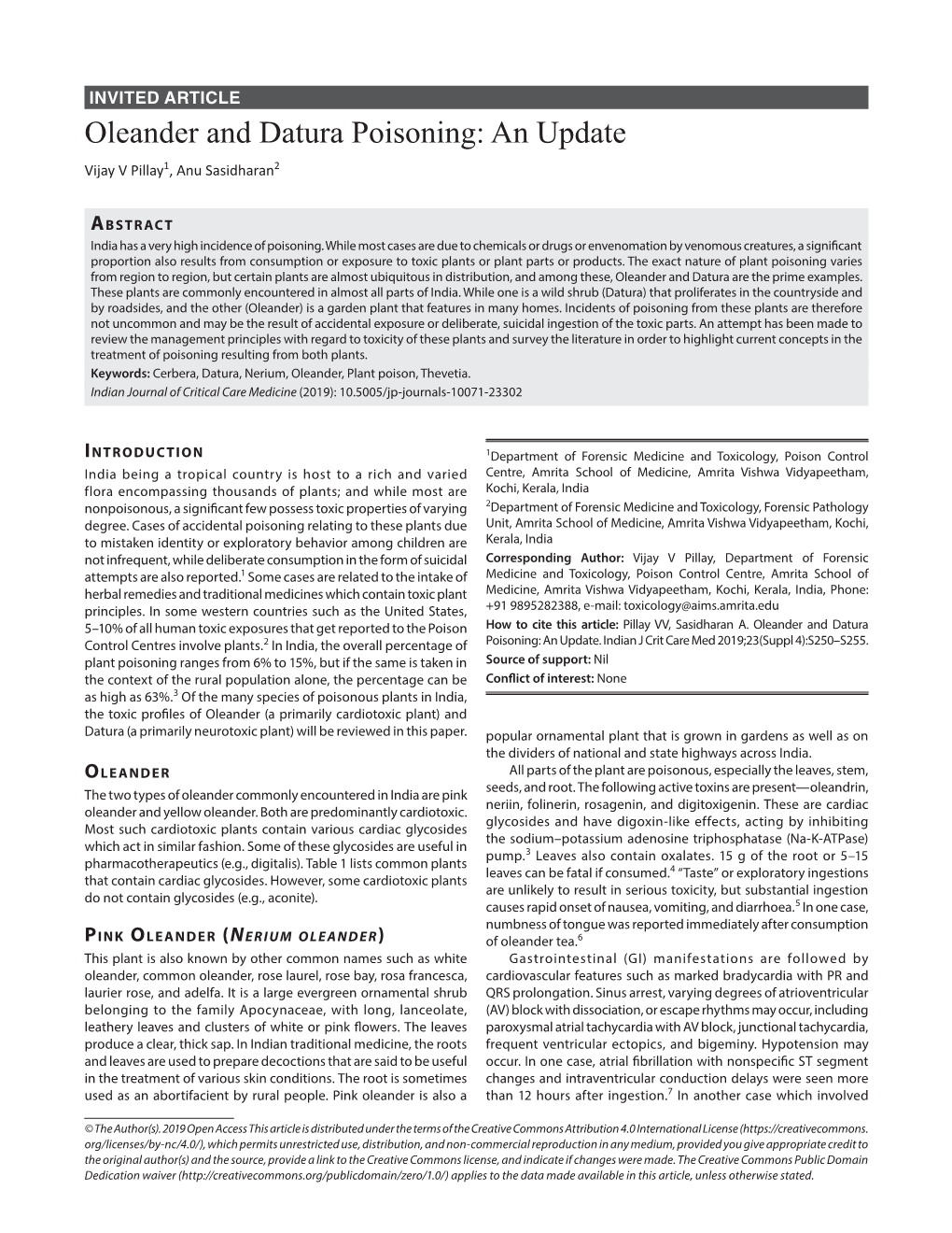 Oleander and Datura Poisoning: an Update Vijay V Pillay1, Anu Sasidharan2