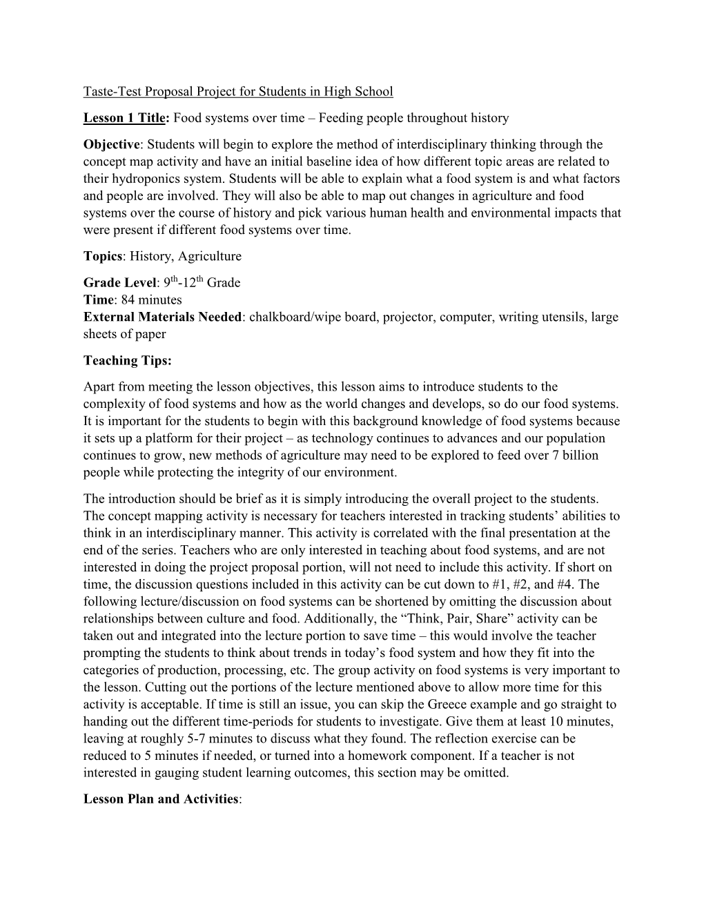 Taste-Test Proposal Project for Students in High School Lesson 1