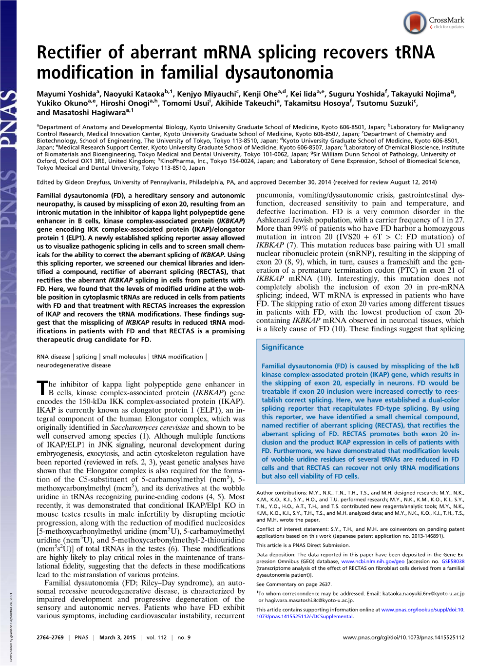 Rectifier of Aberrant Mrna Splicing Recovers Trna Modification in Familial Dysautonomia