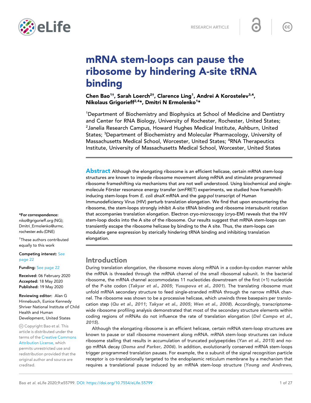 Mrna Stem-Loops Can Pause the Ribosome by Hindering A-Site Trna