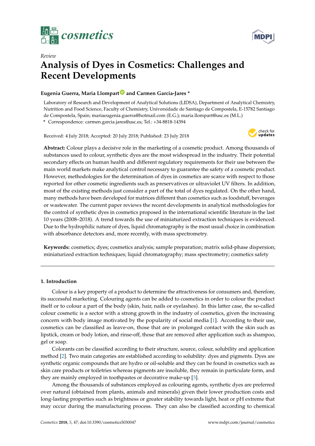 Analysis of Dyes in Cosmetics: Challenges and Recent Developments